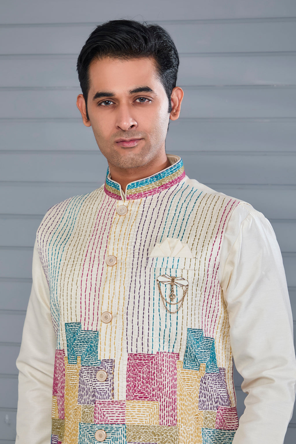Wedding and Festive Occasion Embroidered Cream Men’s Kurta Jacket Set