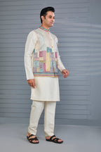 Wedding and Festive Occasion Embroidered Cream Men’s Kurta Jacket Set