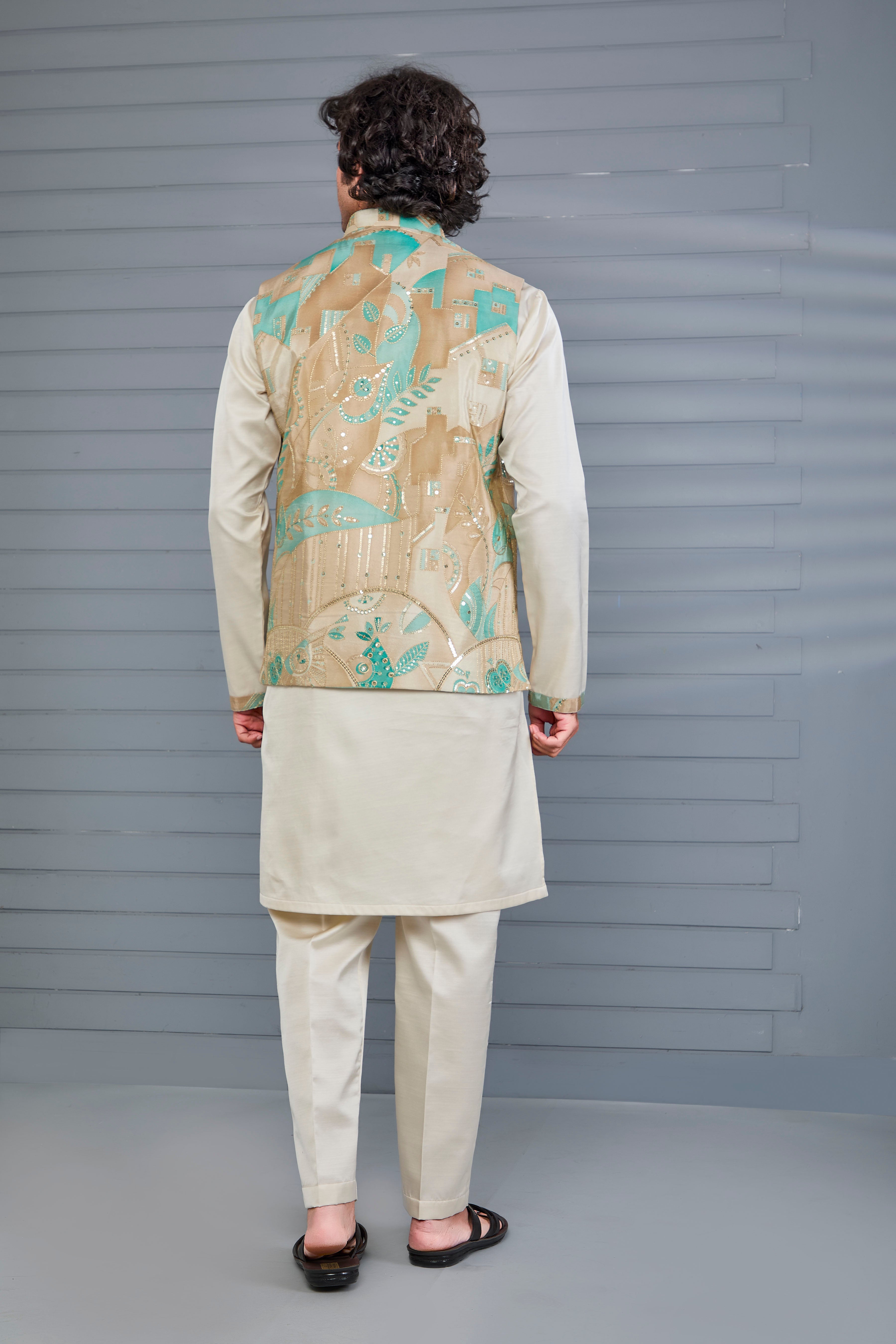 Men's Beige Kurta Jacket Set in Raw Silk for Engagement and Wedding