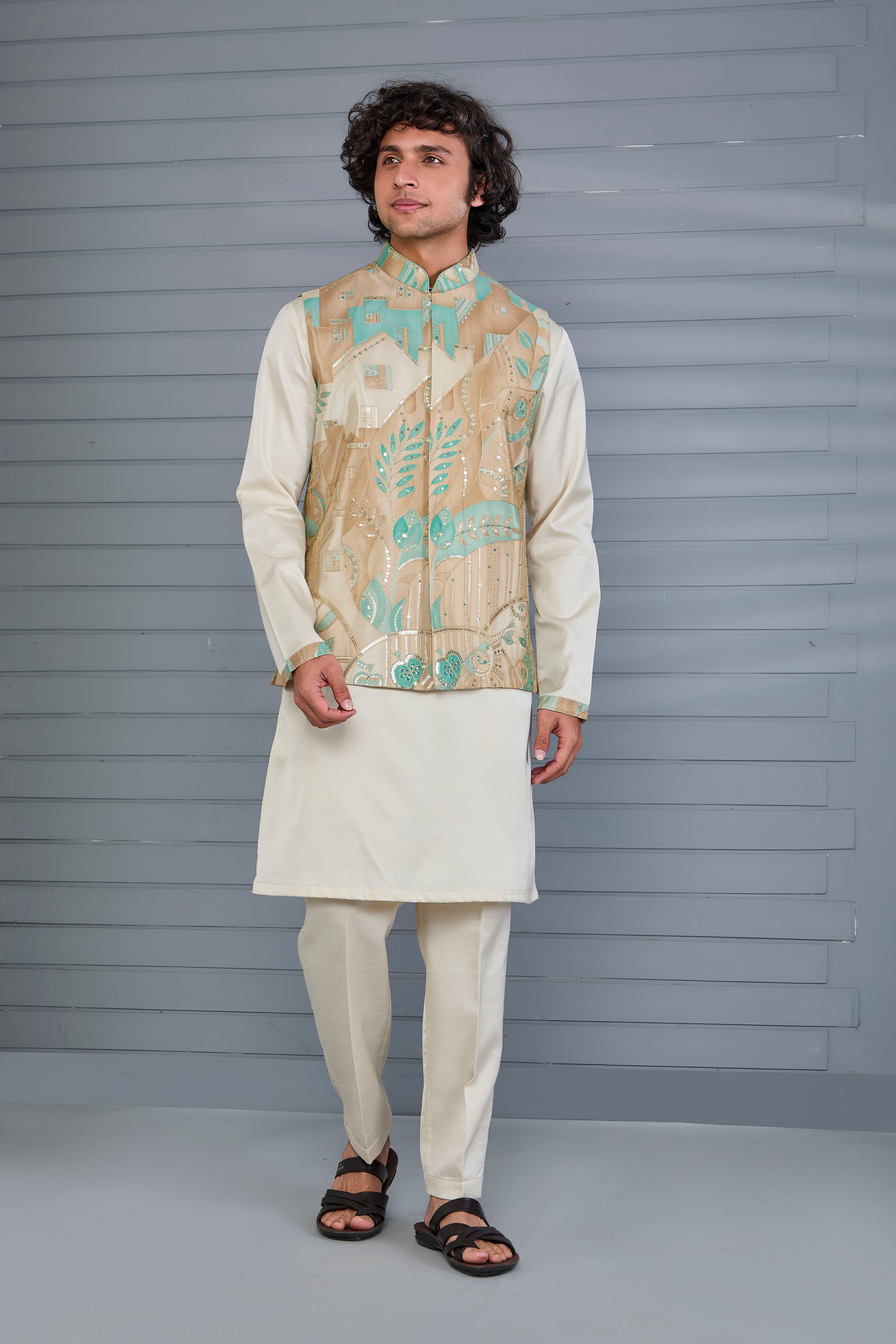 Men's Beige Kurta Jacket Set in Raw Silk for Engagement and Wedding