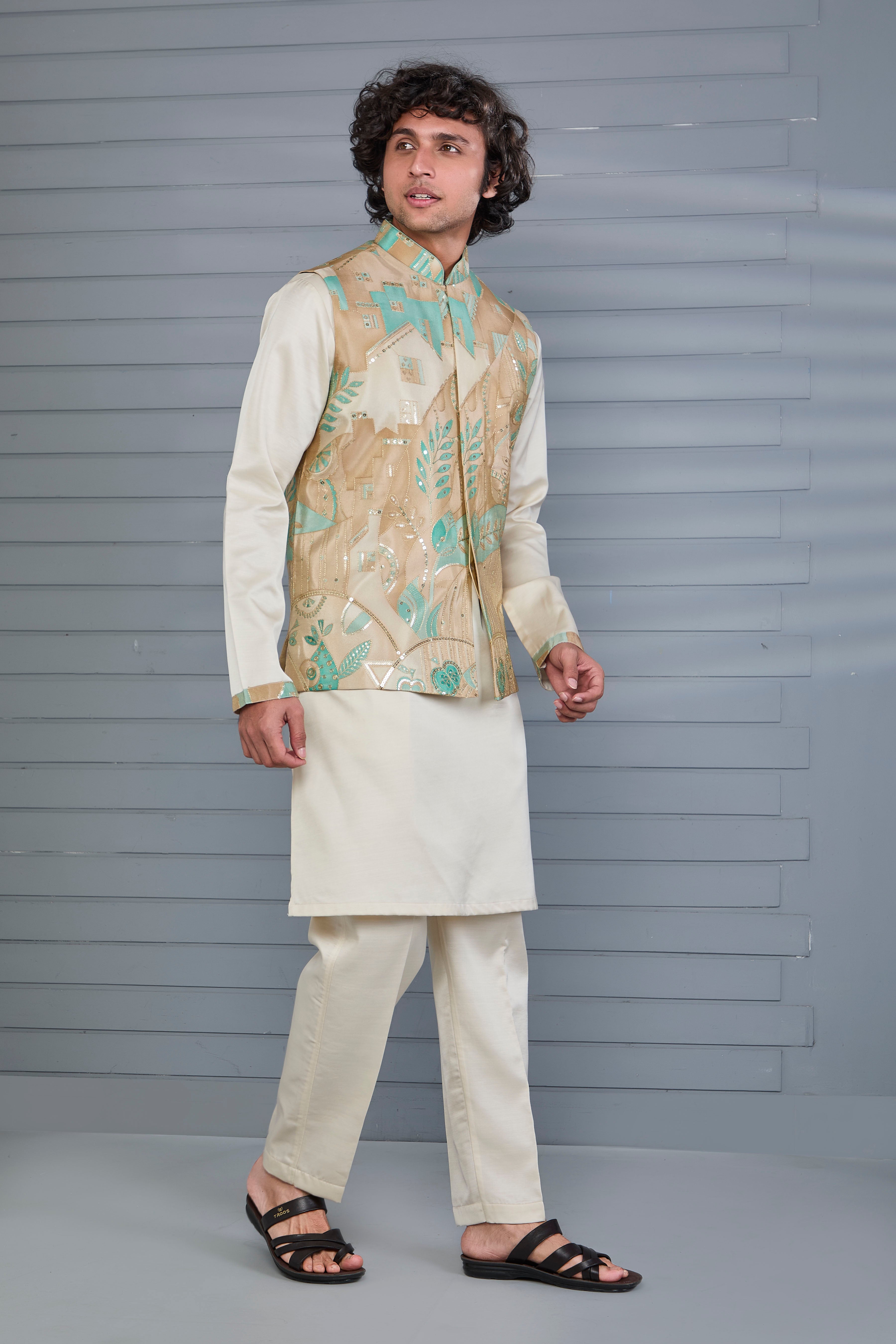 Men's Beige Kurta Jacket Set in Raw Silk for Engagement and Wedding