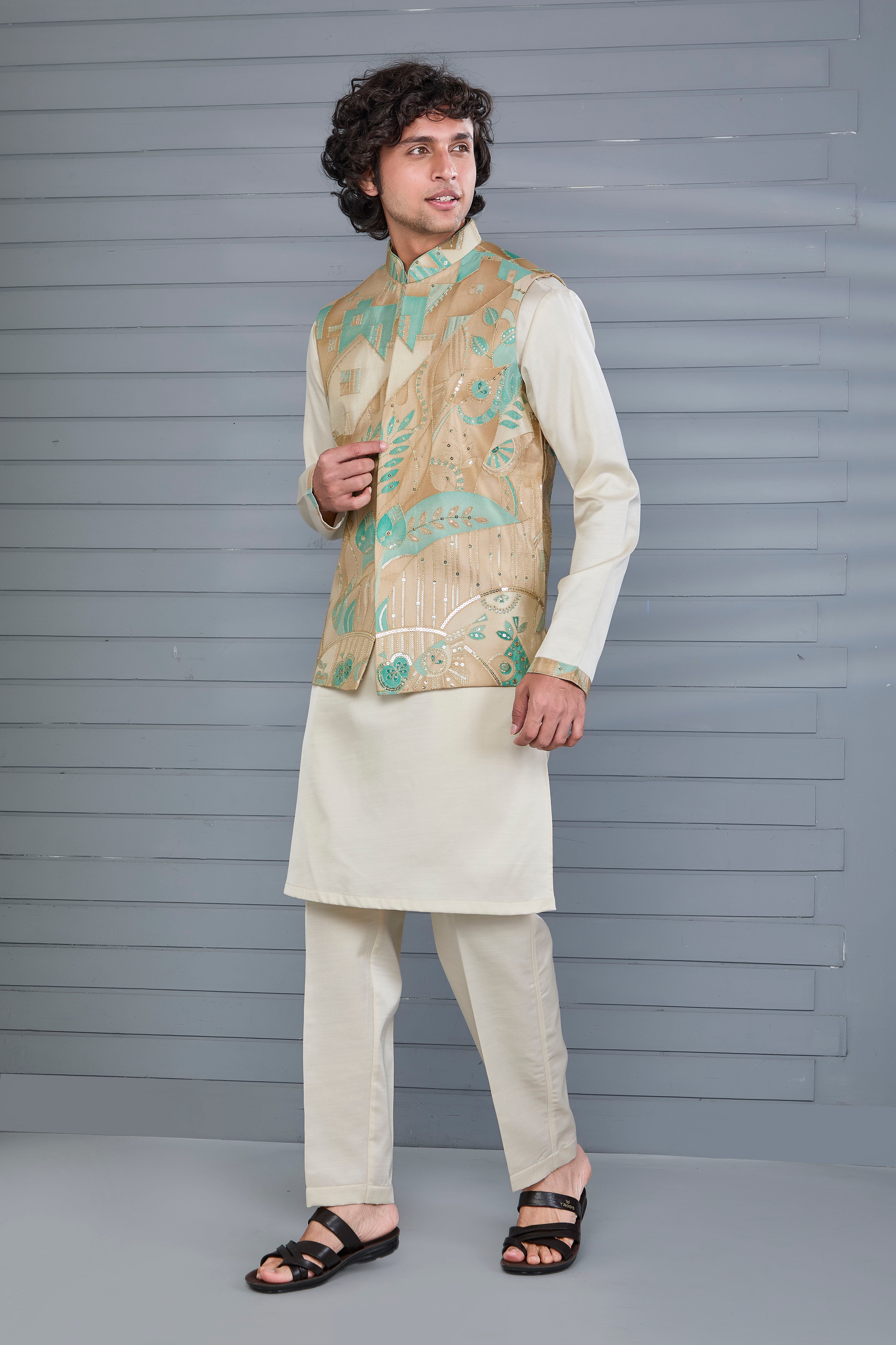 Men's Beige Kurta Jacket Set in Raw Silk for Engagement and Wedding