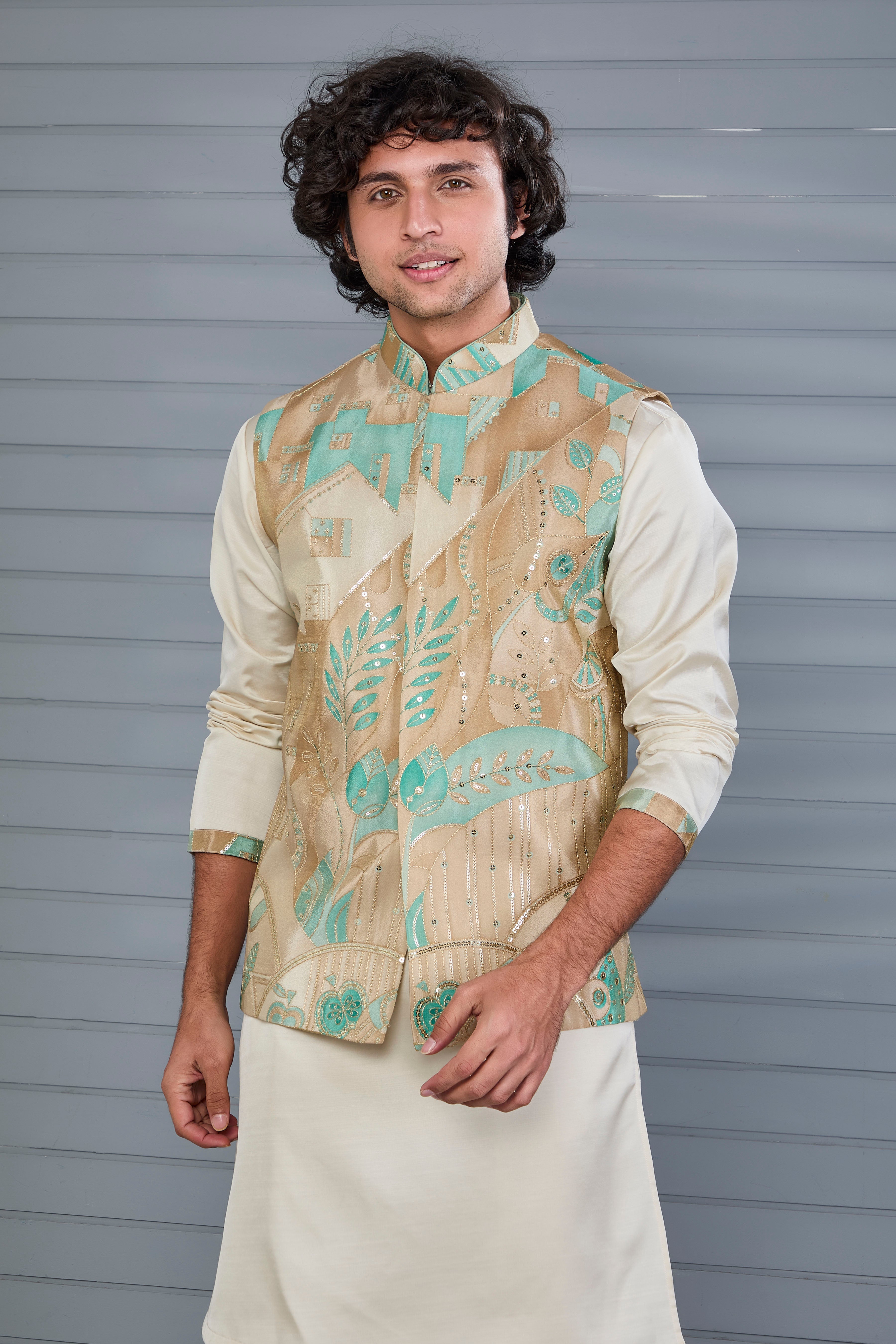 Men's Beige Kurta Jacket Set in Raw Silk for Engagement and Wedding
