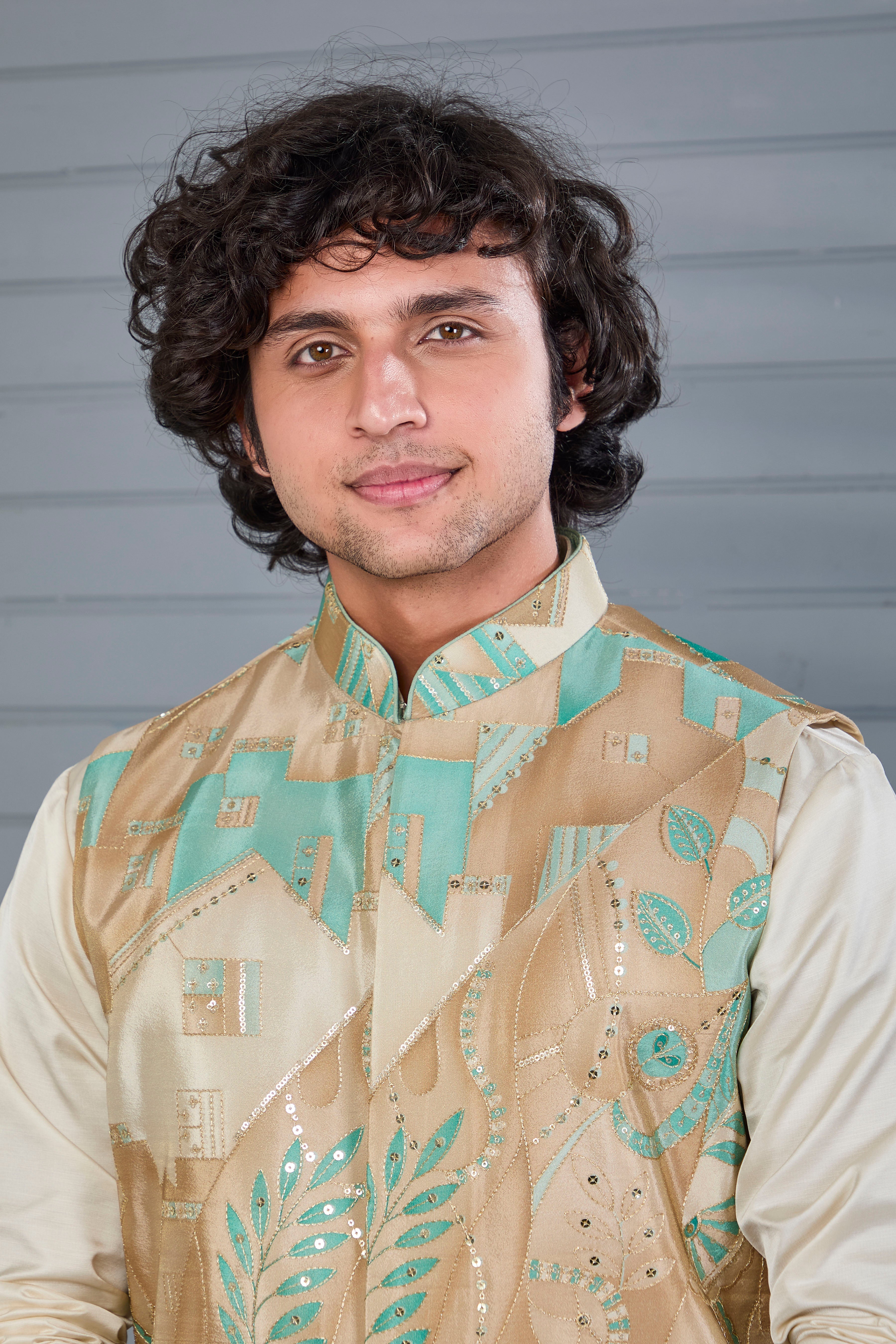 Men's Beige Kurta Jacket Set in Raw Silk for Engagement and Wedding