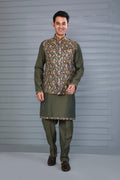 Moss Green Embroidered Kurta Jacket Set with Mehendi and Festive Wear