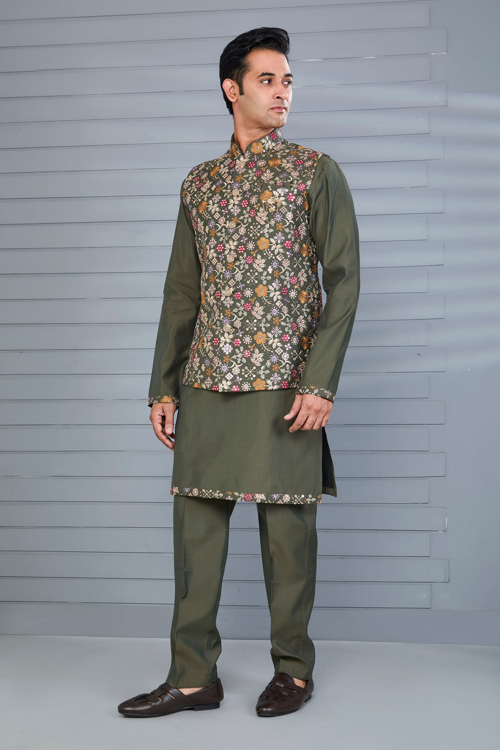 Moss Green Embroidered Kurta Jacket Set with Mehendi and Festive Wear