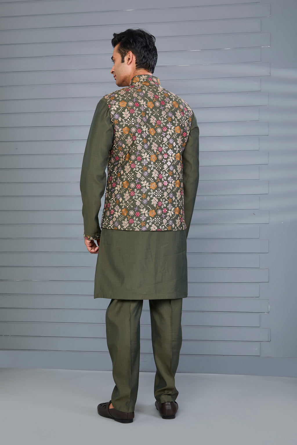 Moss Green Embroidered Kurta Jacket Set with Mehendi and Festive Wear
