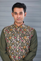 Moss Green Embroidered Kurta Jacket Set with Mehendi and Festive Wear