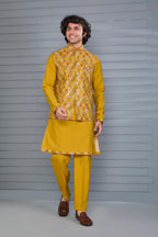 Haldi and Festive Wear Embroidered Kurta Jacket Set in Mustard Yellow