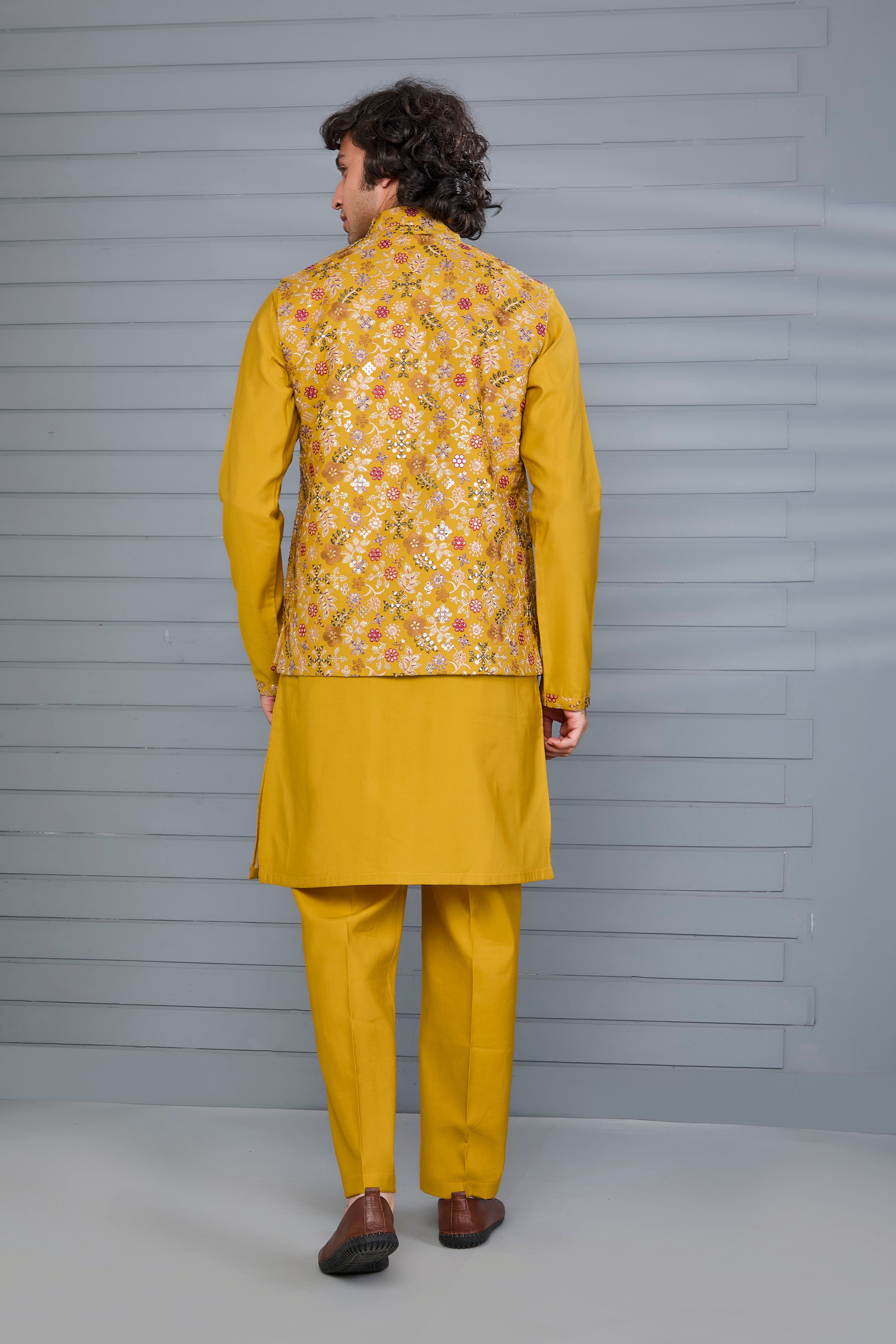 Haldi and Festive Wear Embroidered Kurta Jacket Set in Mustard Yellow