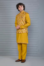 Haldi and Festive Wear Embroidered Kurta Jacket Set in Mustard Yellow