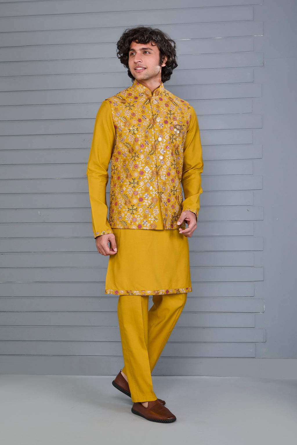 Haldi and Festive Wear Embroidered Kurta Jacket Set in Mustard Yellow