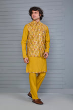 Haldi and Festive Wear Embroidered Kurta Jacket Set in Mustard Yellow