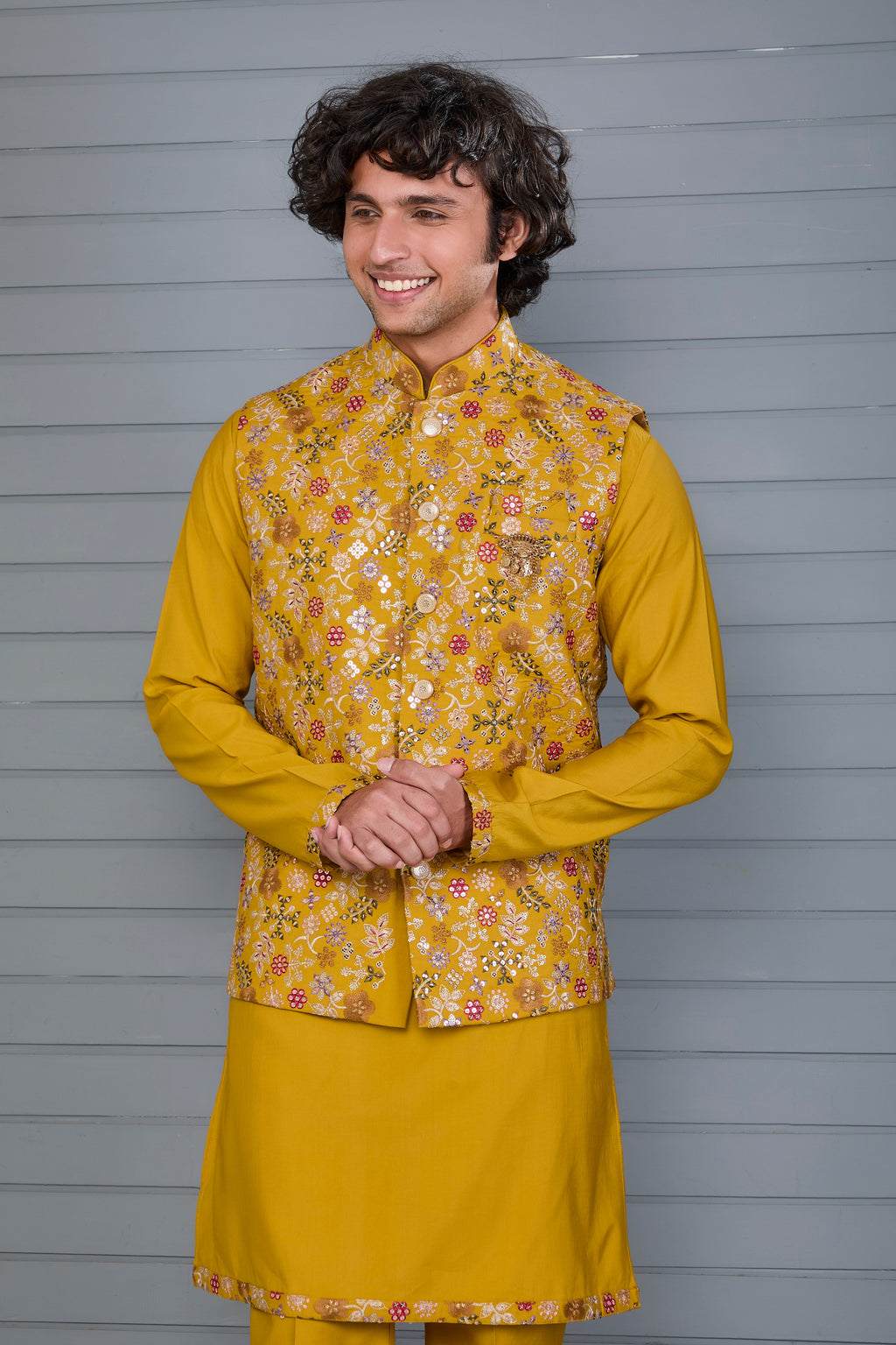 Haldi and Festive Wear Embroidered Kurta Jacket Set in Mustard Yellow