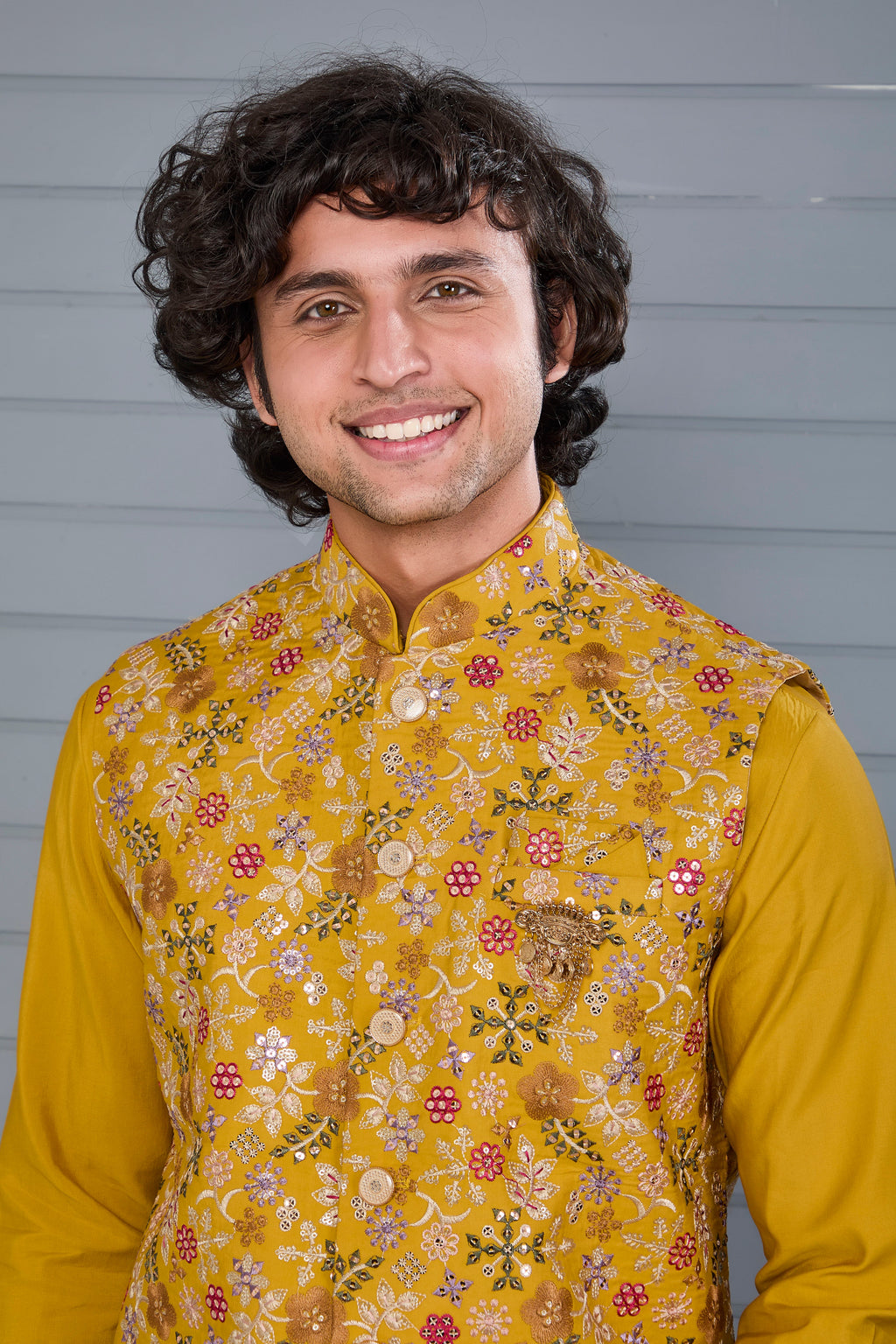 Haldi and Festive Wear Embroidered Kurta Jacket Set in Mustard Yellow