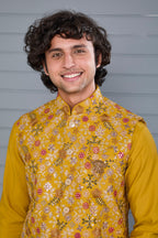 Haldi and Festive Wear Embroidered Kurta Jacket Set in Mustard Yellow