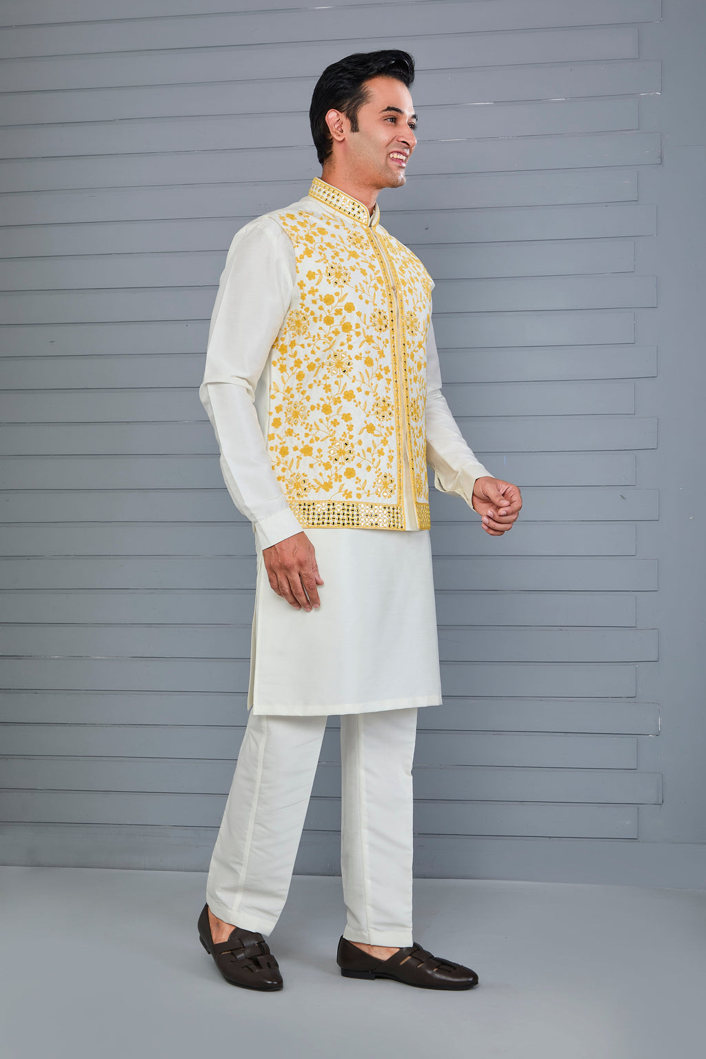 Men's Rich Off-white Kurta Jacket Set with Elegant Embroidery