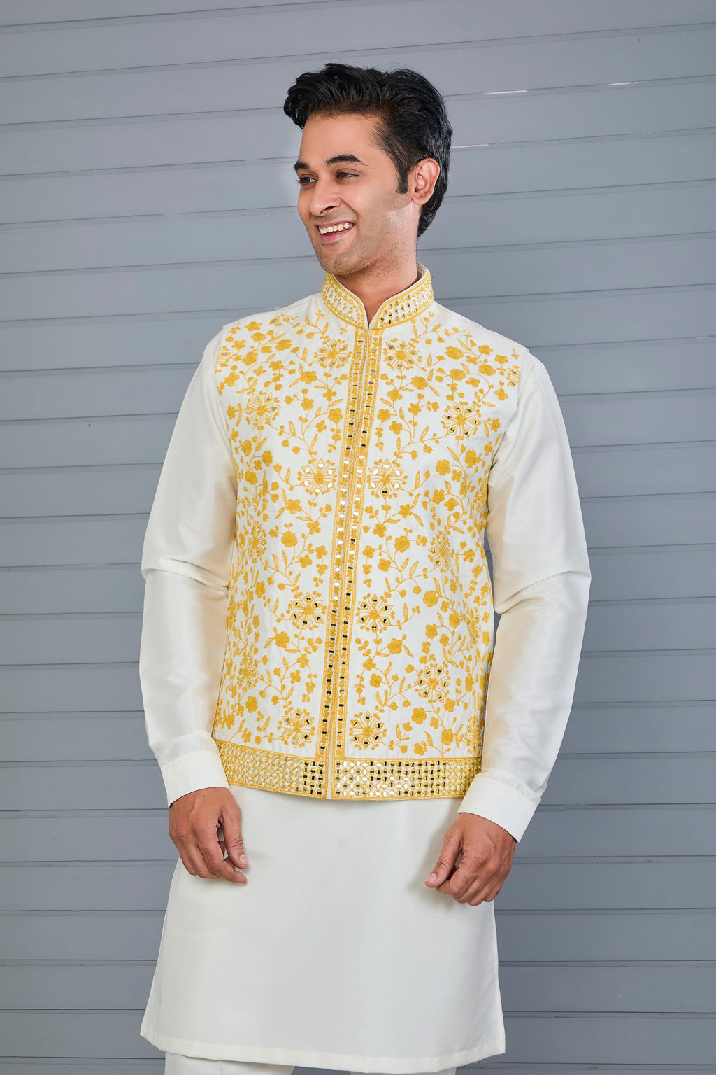 Men's Rich Off-white Kurta Jacket Set with Elegant Embroidery