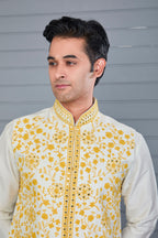 Men's Rich Off-white Kurta Jacket Set with Elegant Embroidery