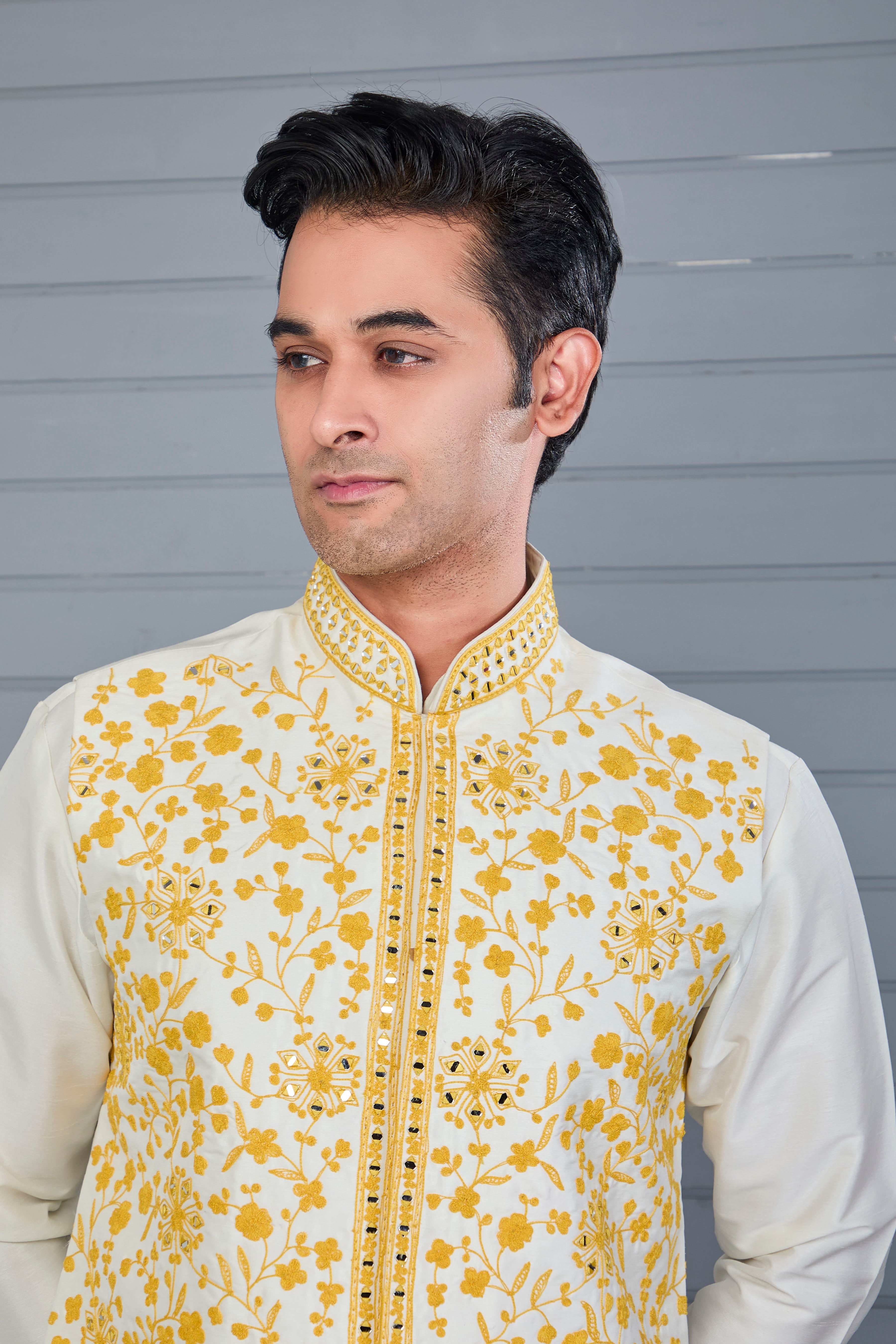 Men's Rich Off-white Kurta Jacket Set with Elegant Embroidery