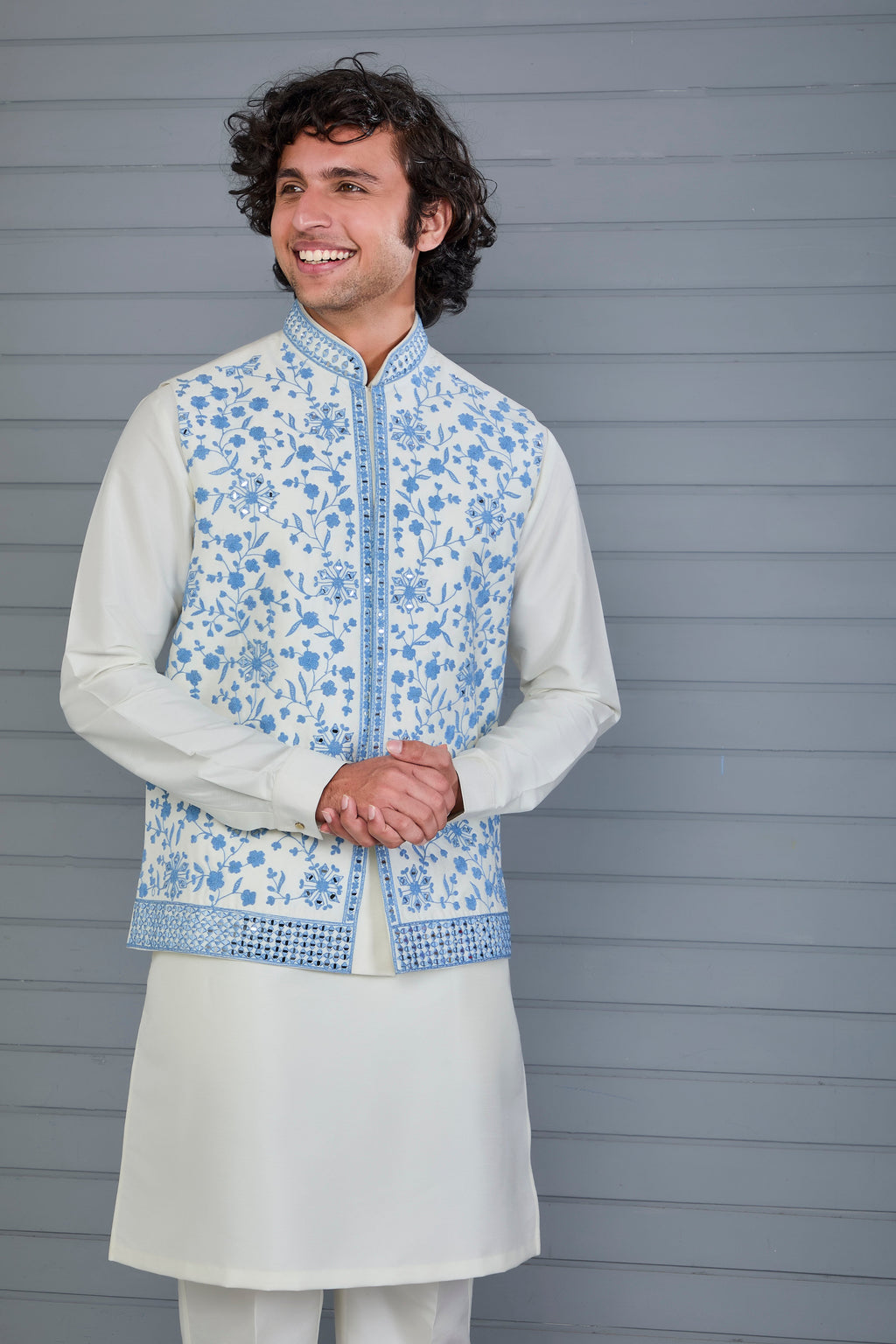 Off-white Men's Kurta Jacket Set with Elegance Embroidery work
