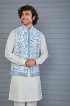 Off-white Men's Kurta Jacket Set with Elegance Embroidery work