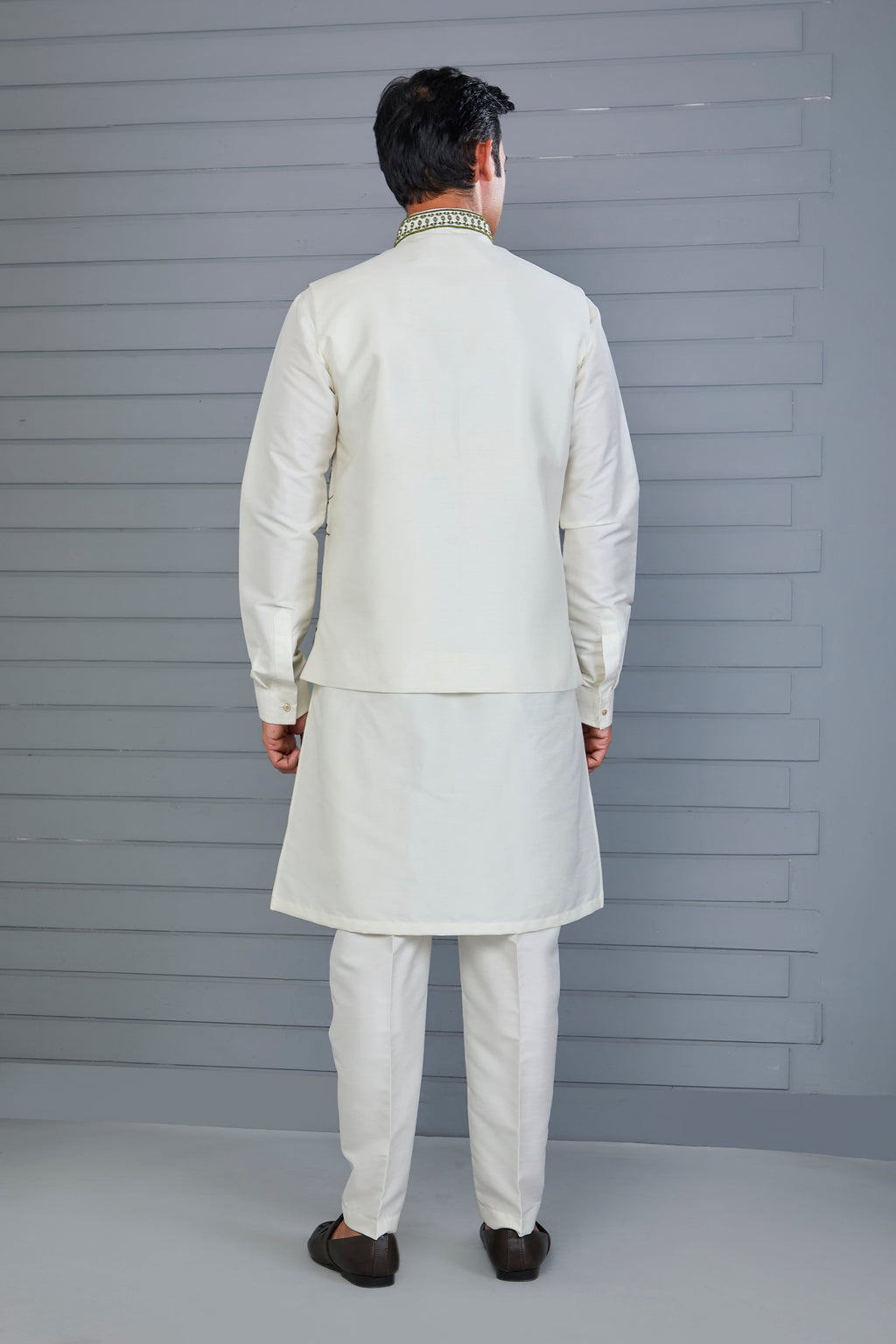 Elevate Off-white Men's Kurta Jacket Set with Raw Silk Finish