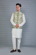 Elevate Off-white Men's Kurta Jacket Set with Raw Silk Finish