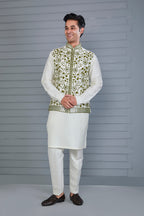 Elevate Off-white Men's Kurta Jacket Set with Raw Silk Finish