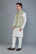 Elevate Off-white Men's Kurta Jacket Set with Raw Silk Finish