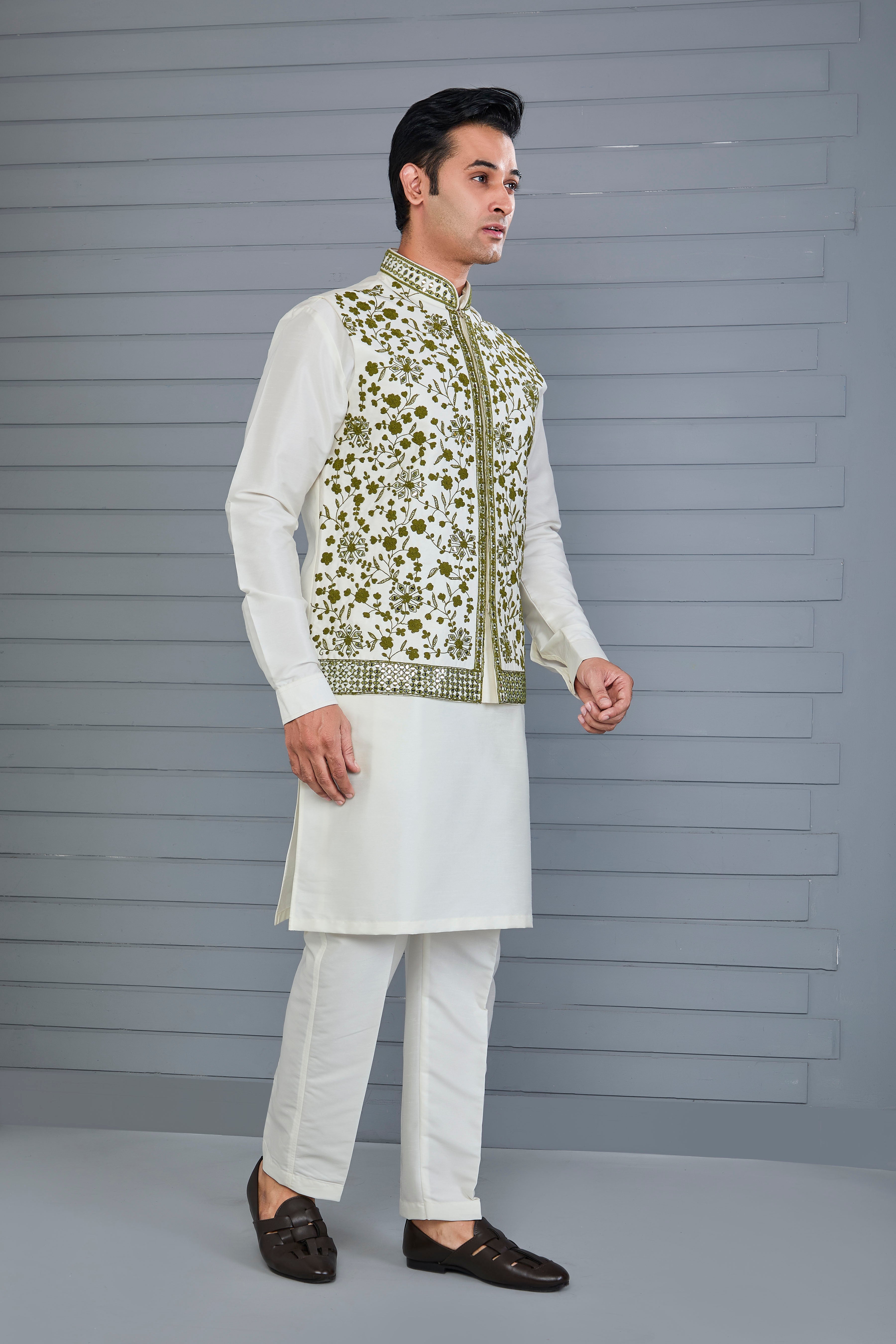 Elevate Off-white Men's Kurta Jacket Set with Raw Silk Finish