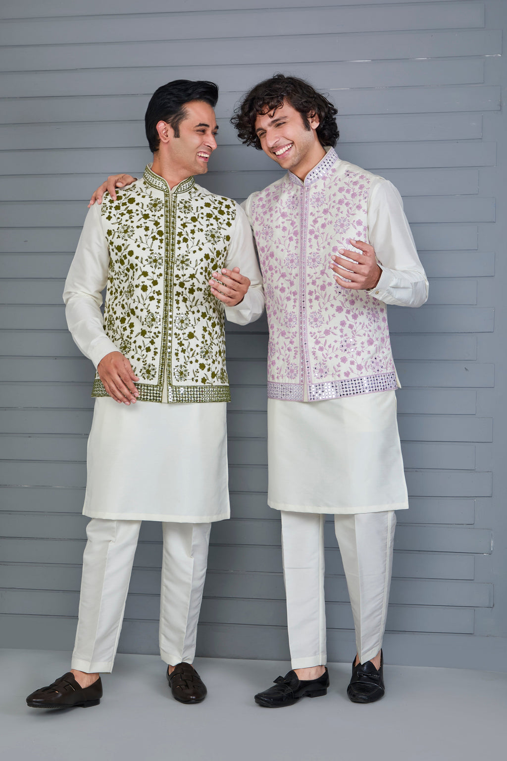 Festive Wear Men's Off-white Raw Silk Kurta Jacket Set in Classic Fit