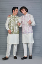 Festive Wear Men's Off-white Raw Silk Kurta Jacket Set in Classic Fit