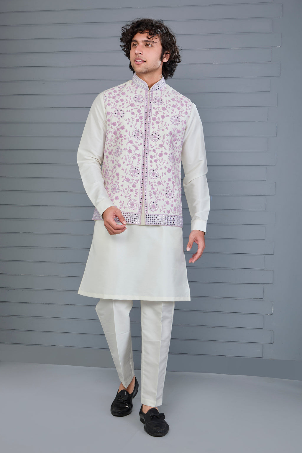 Festive Wear Men's Off-white Raw Silk Kurta Jacket Set in Classic Fit