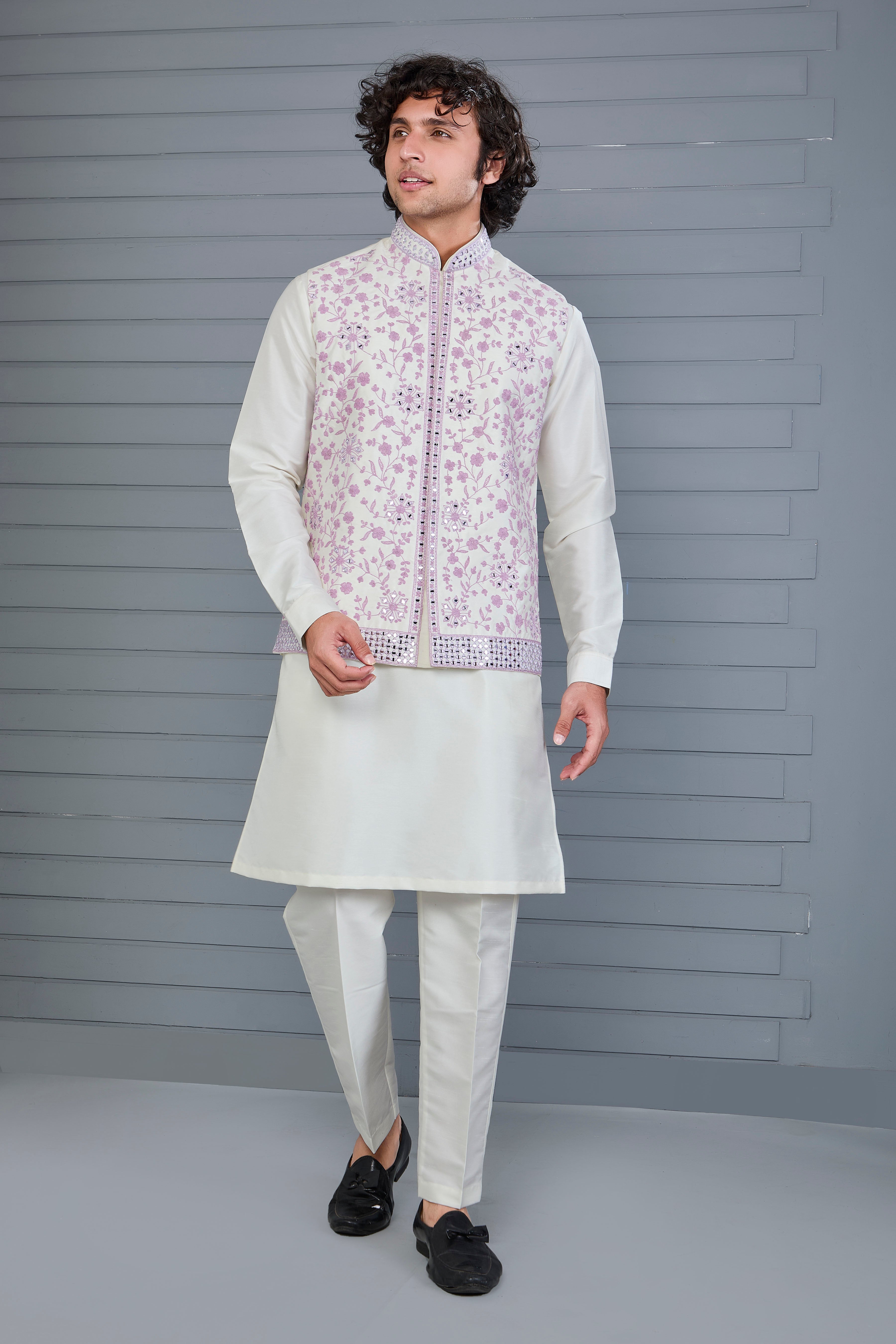 Festive Wear Men's Off-white Raw Silk Kurta Jacket Set in Classic Fit
