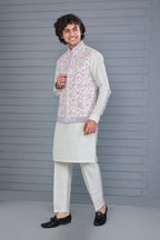 Festive Wear Men's Off-white Raw Silk Kurta Jacket Set in Classic Fit