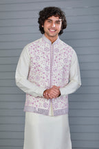 Festive Wear Men's Off-white Raw Silk Kurta Jacket Set in Classic Fit