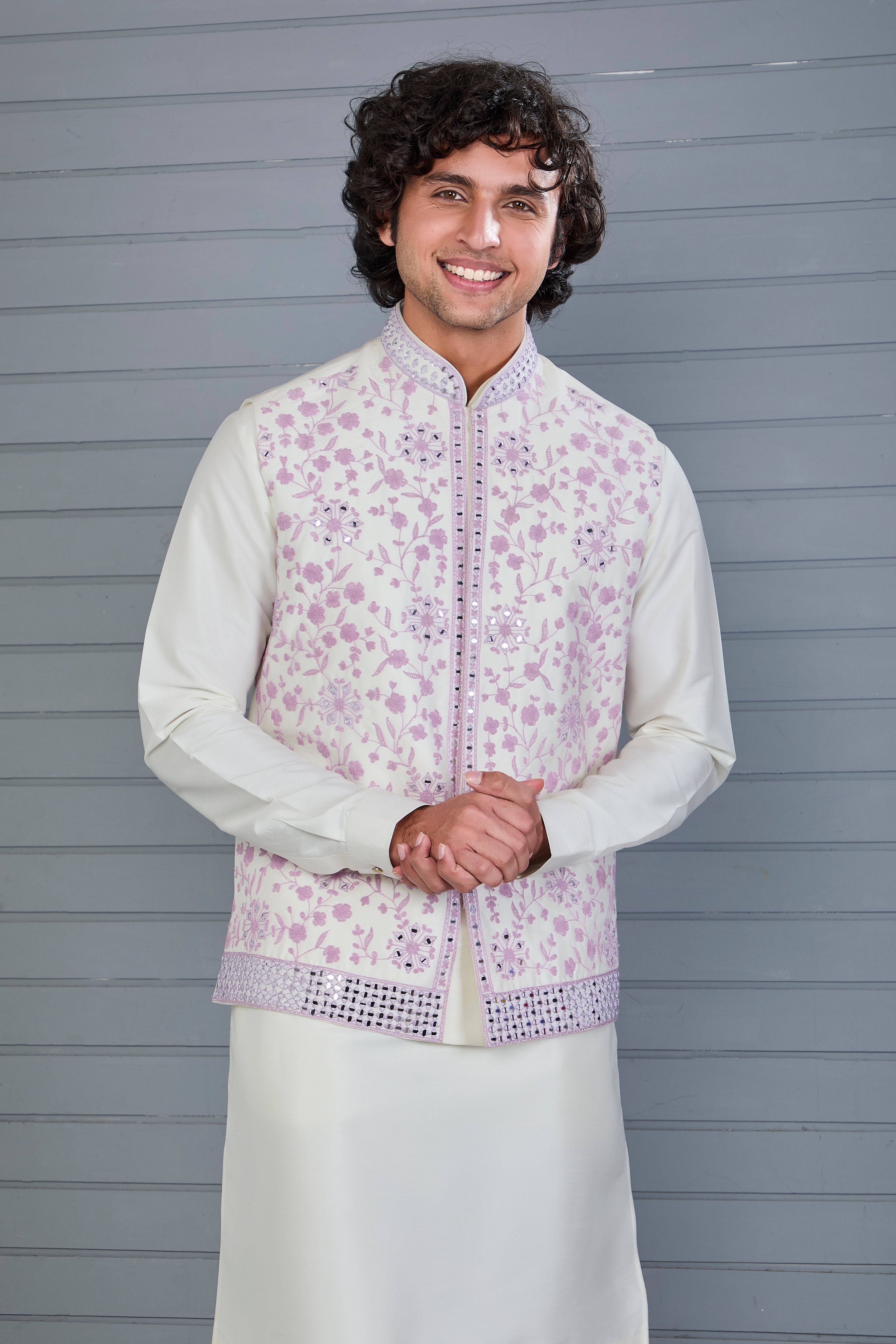 Festive Wear Men's Off-white Raw Silk Kurta Jacket Set in Classic Fit