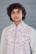 Festive Wear Men's Off-white Raw Silk Kurta Jacket Set in Classic Fit