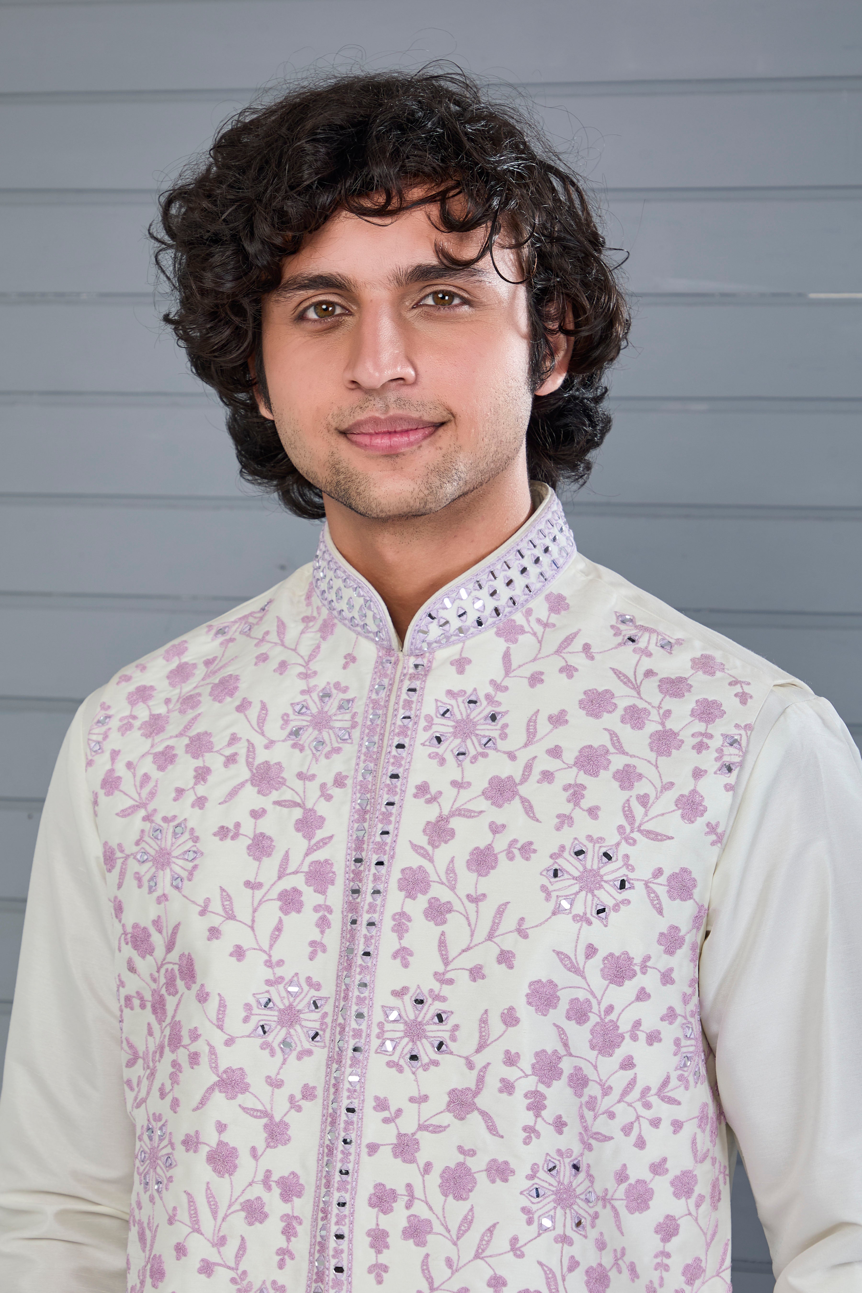 Festive Wear Men's Off-white Raw Silk Kurta Jacket Set in Classic Fit