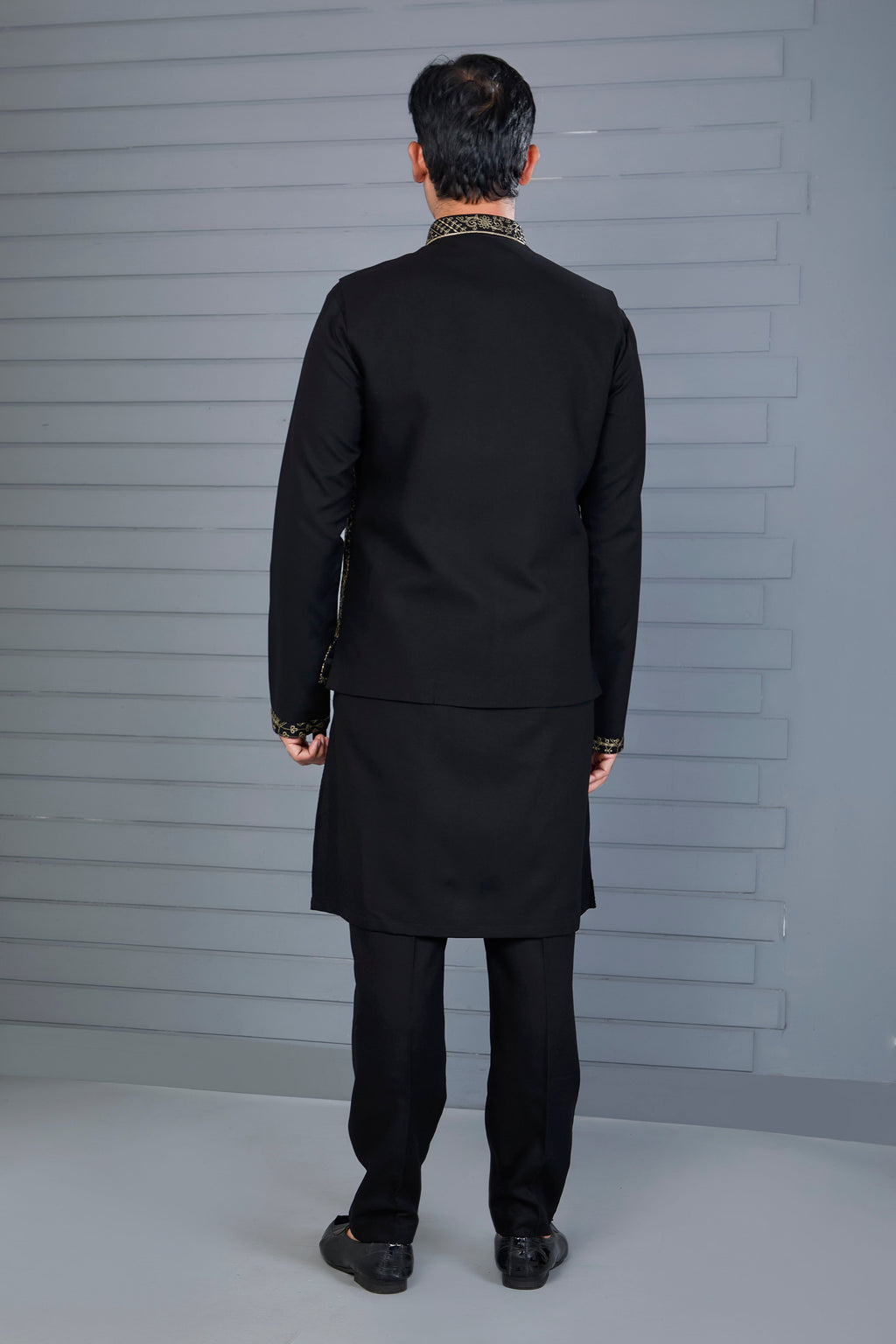Reception Look Classic Black Raw Silk Kurta Jacket Set with Full Sleeves