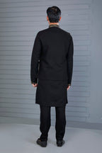 Reception Look Classic Black Raw Silk Kurta Jacket Set with Full Sleeves