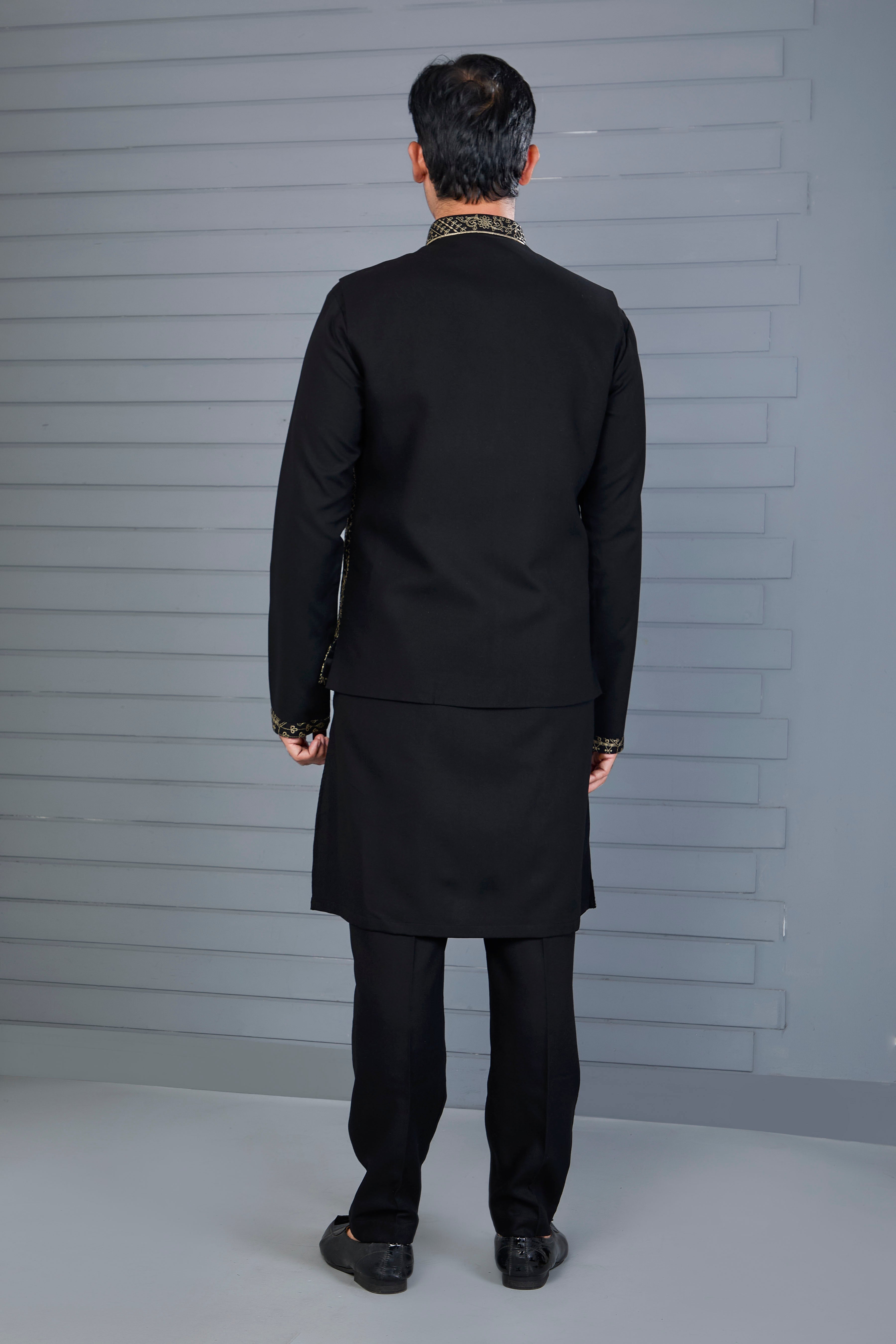 Reception Look Classic Black Raw Silk Kurta Jacket Set with Full Sleeves