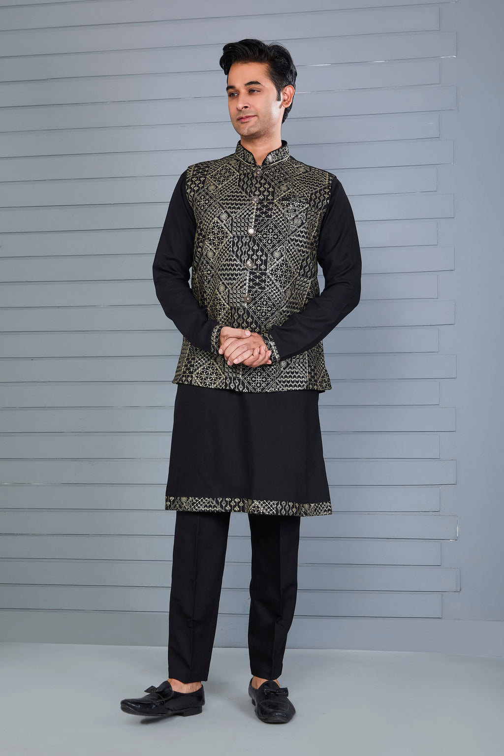 Reception Look Classic Black Raw Silk Kurta Jacket Set with Full Sleeves
