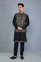Reception Look Classic Black Raw Silk Kurta Jacket Set with Full Sleeves