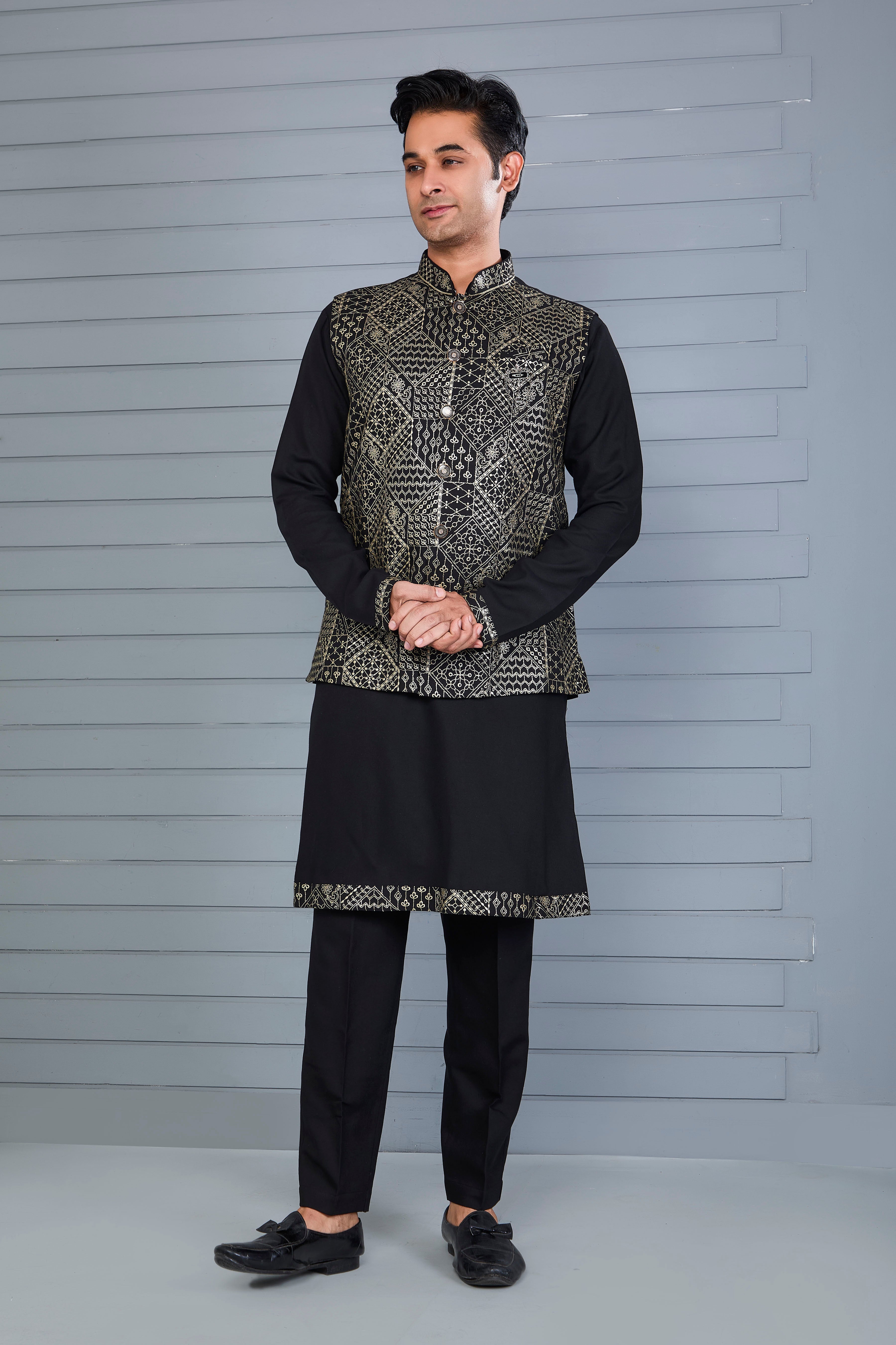Reception Look Classic Black Raw Silk Kurta Jacket Set with Full Sleeves