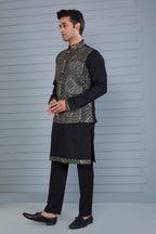 Reception Look Classic Black Raw Silk Kurta Jacket Set with Full Sleeves