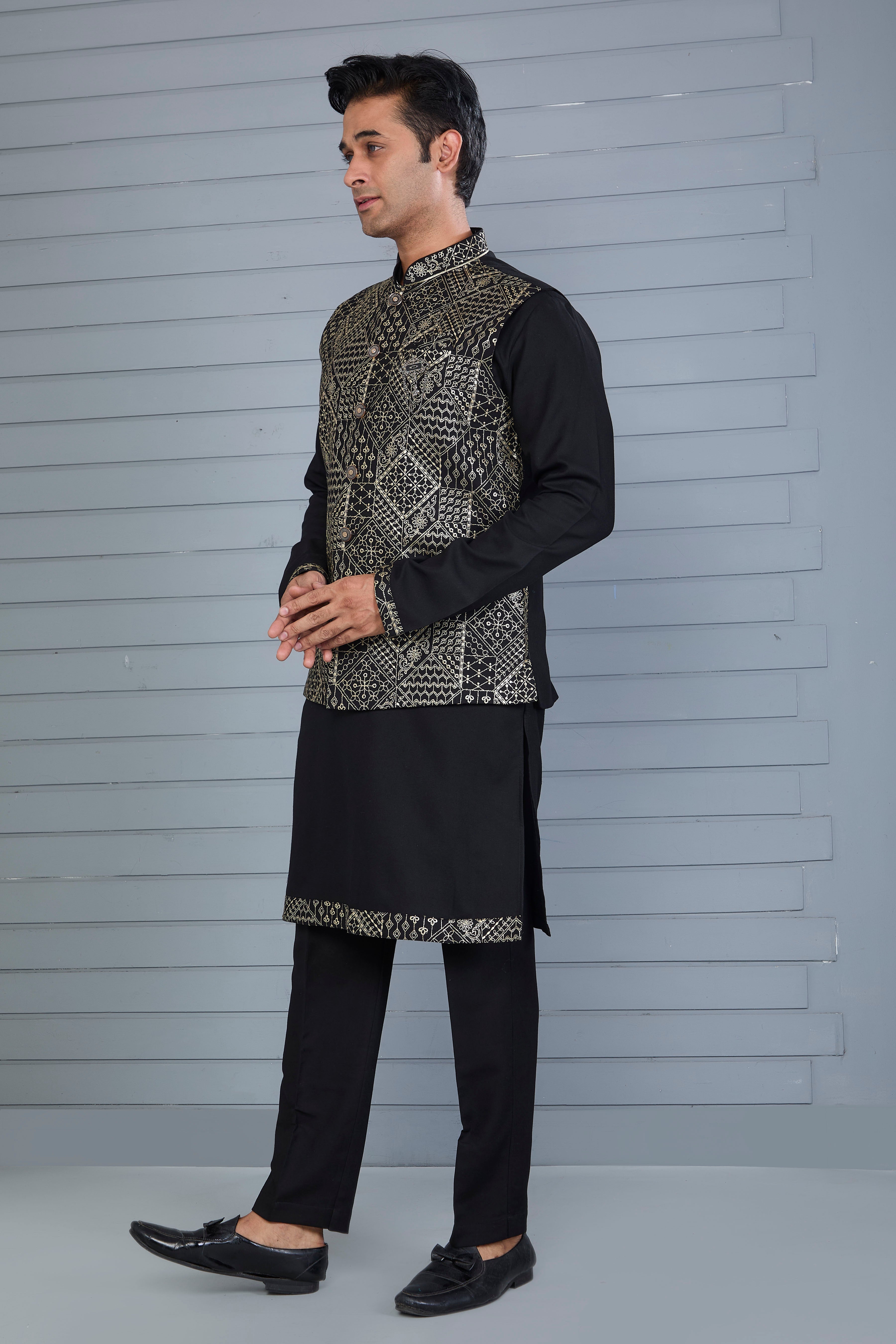 Reception Look Classic Black Raw Silk Kurta Jacket Set with Full Sleeves