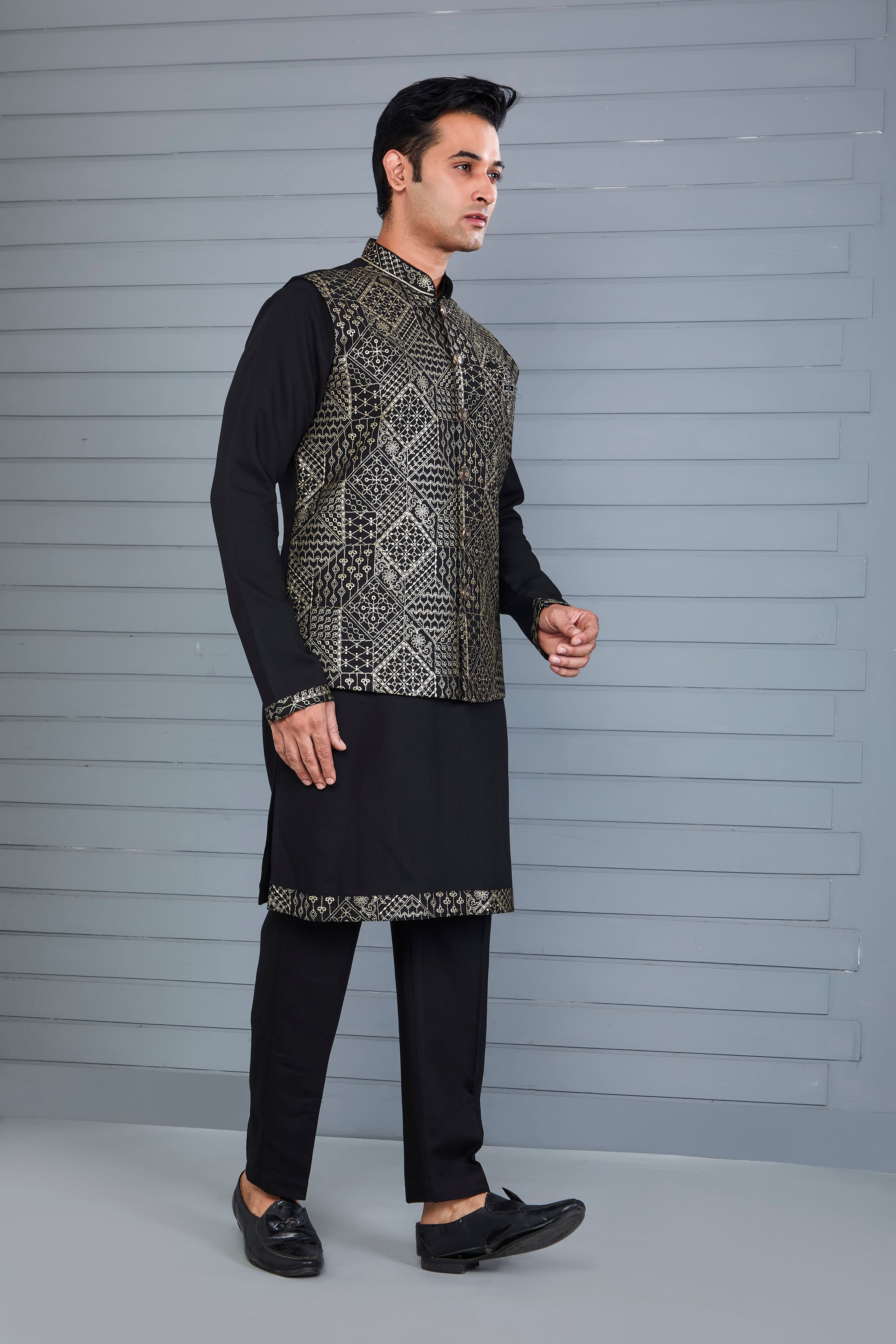 Reception Look Classic Black Raw Silk Kurta Jacket Set with Full Sleeves