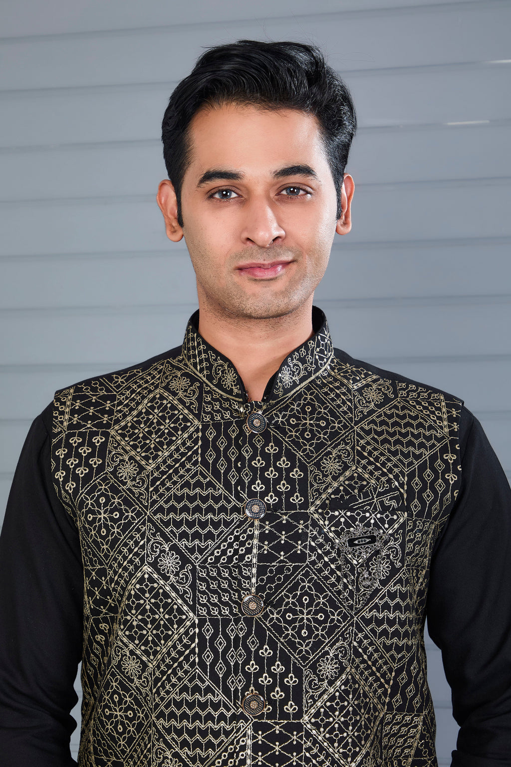Reception Look Classic Black Raw Silk Kurta Jacket Set with Full Sleeves